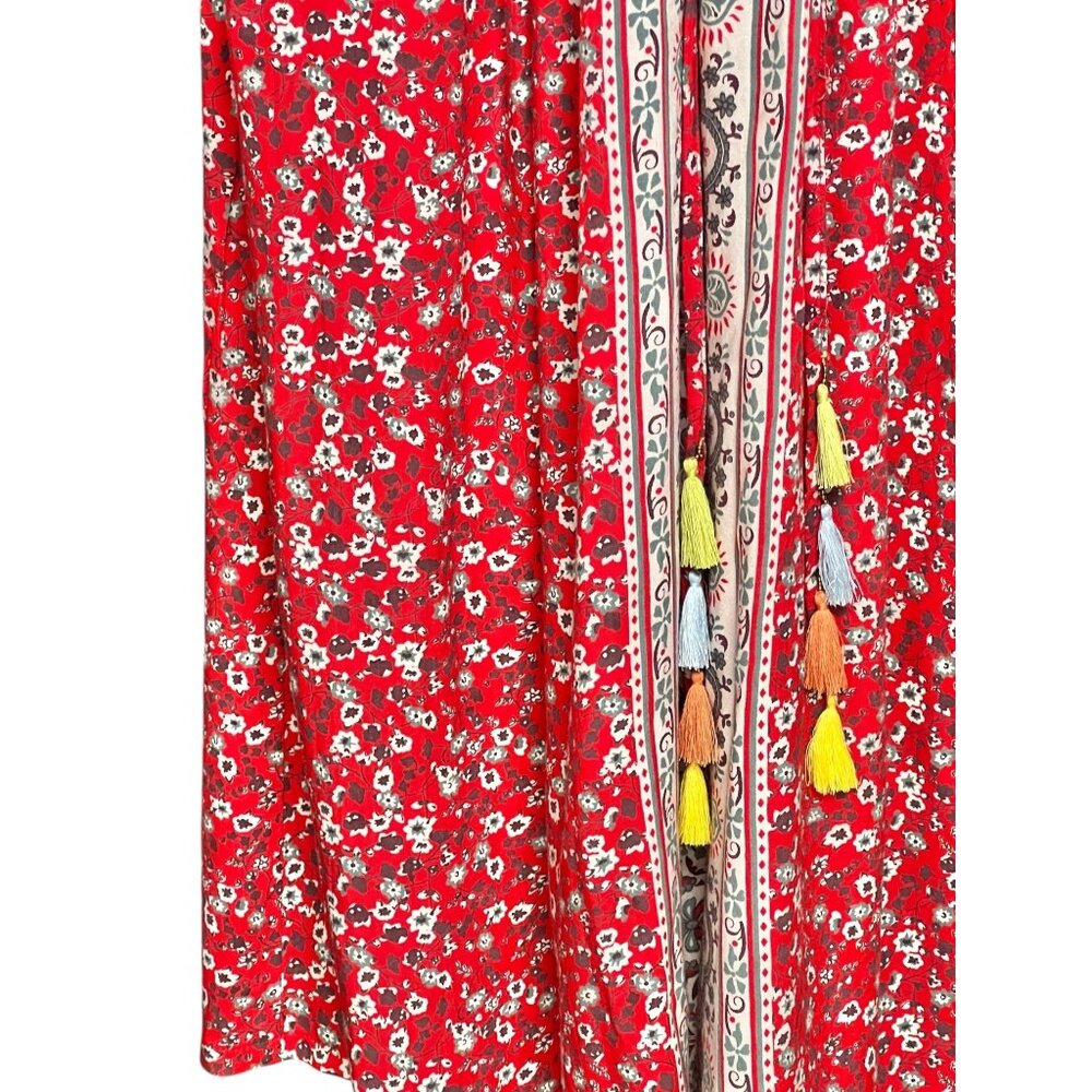 Dalin Women’s Skirt L Rayon Elastic Waist Dress Red Floral Tassel Tie Front - Picture 3 of 15